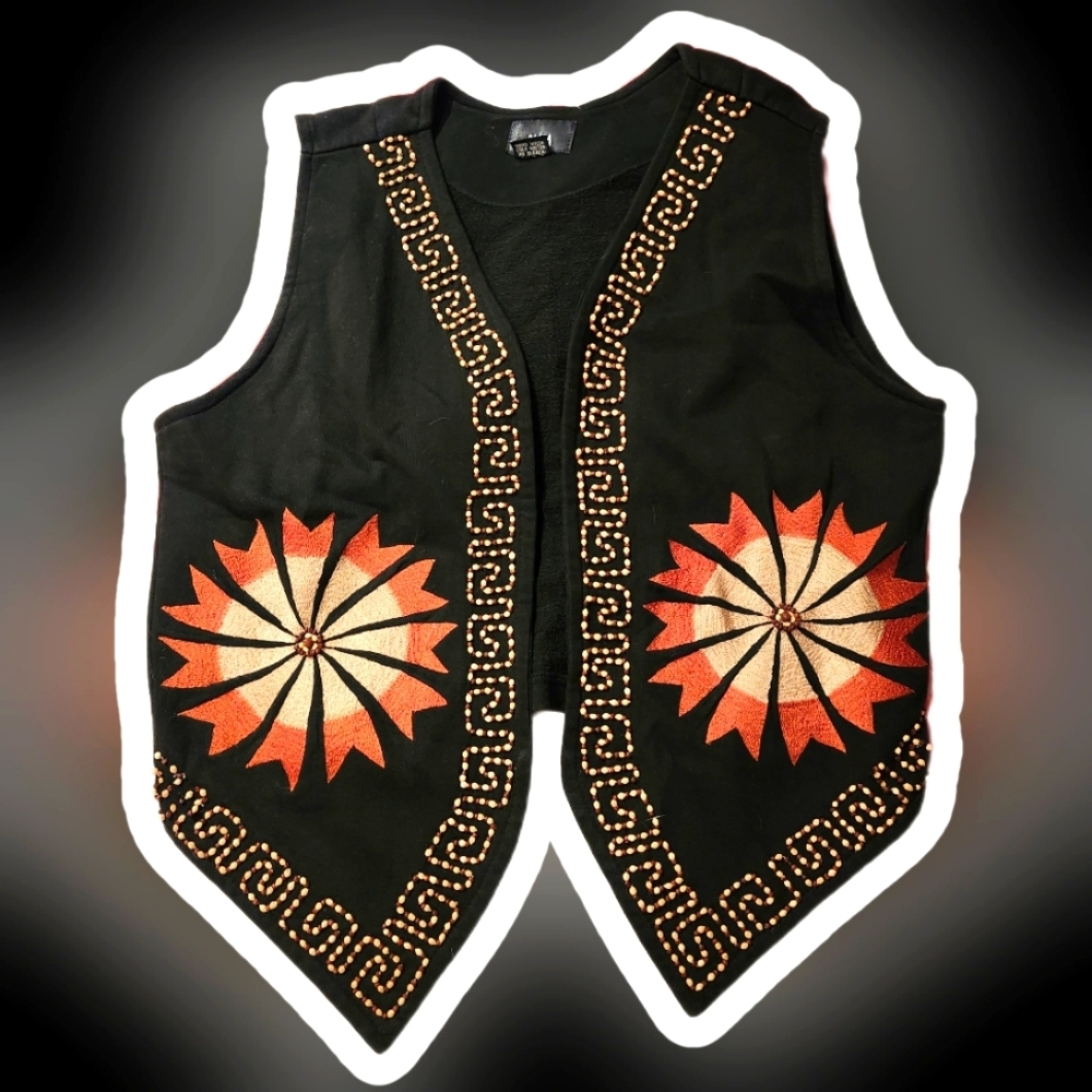 Pasta Black Vest with Orange and White Sunburst Design Size M